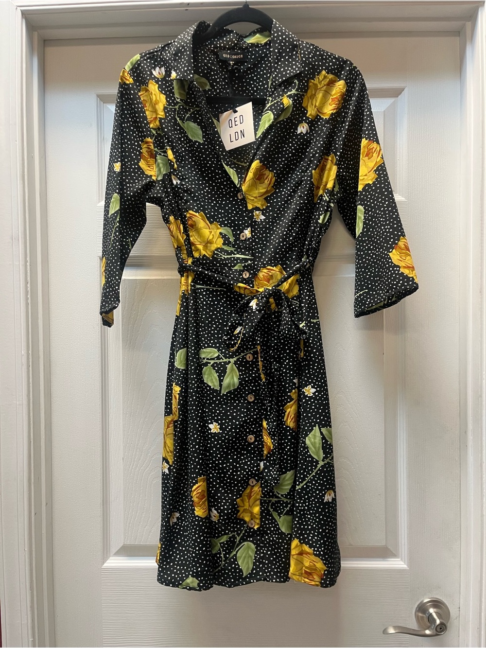 QED London Black Midi Dress with Yellow Rose Print